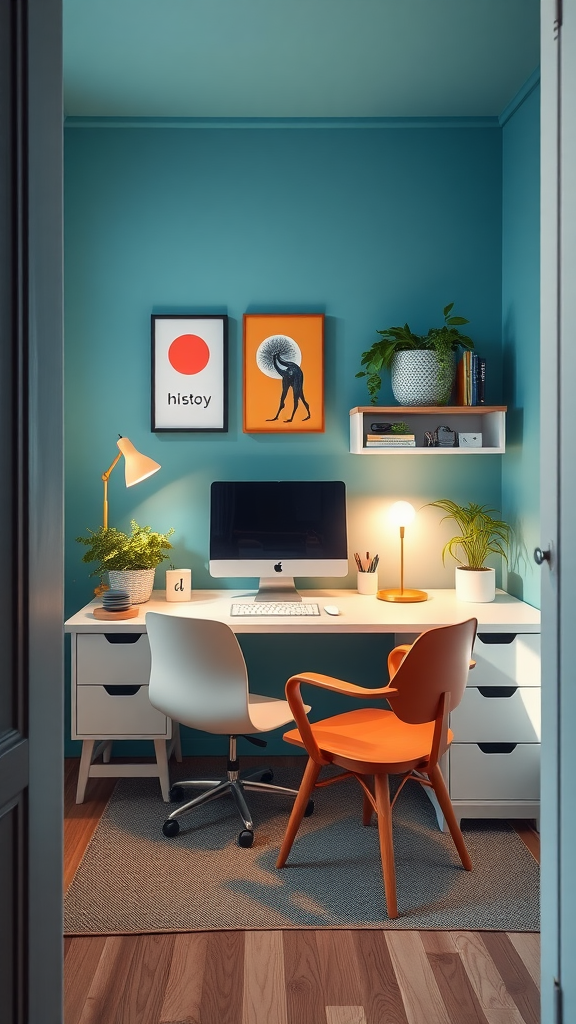 A cozy small home office with teal walls, white furniture, and colorful art.