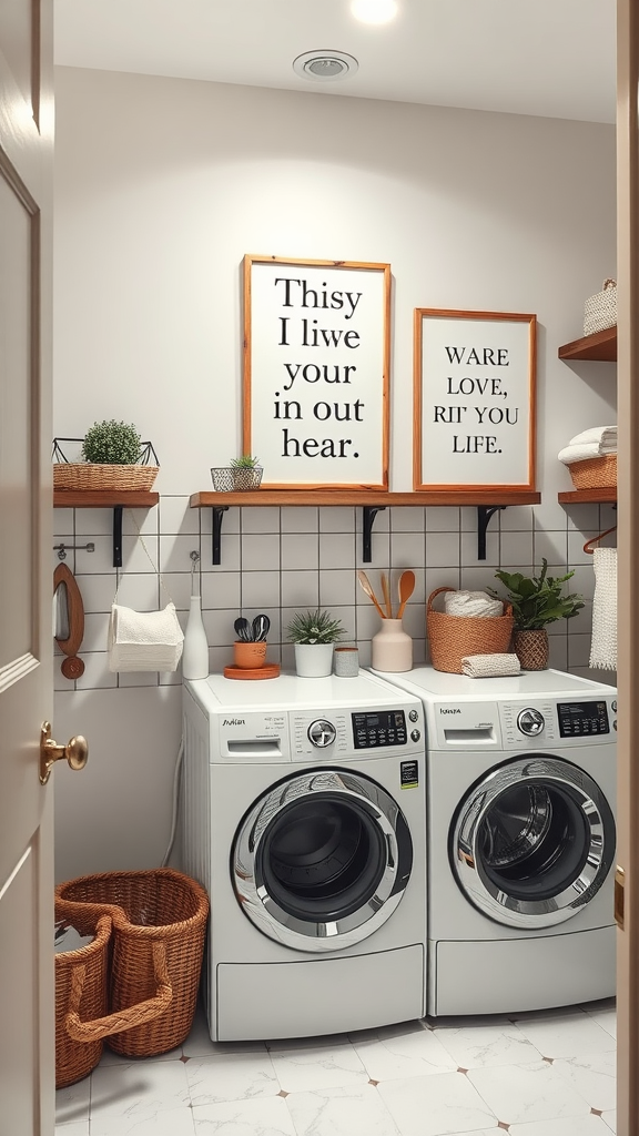 A small laundry room with framed wall art, plants, and open shelving.