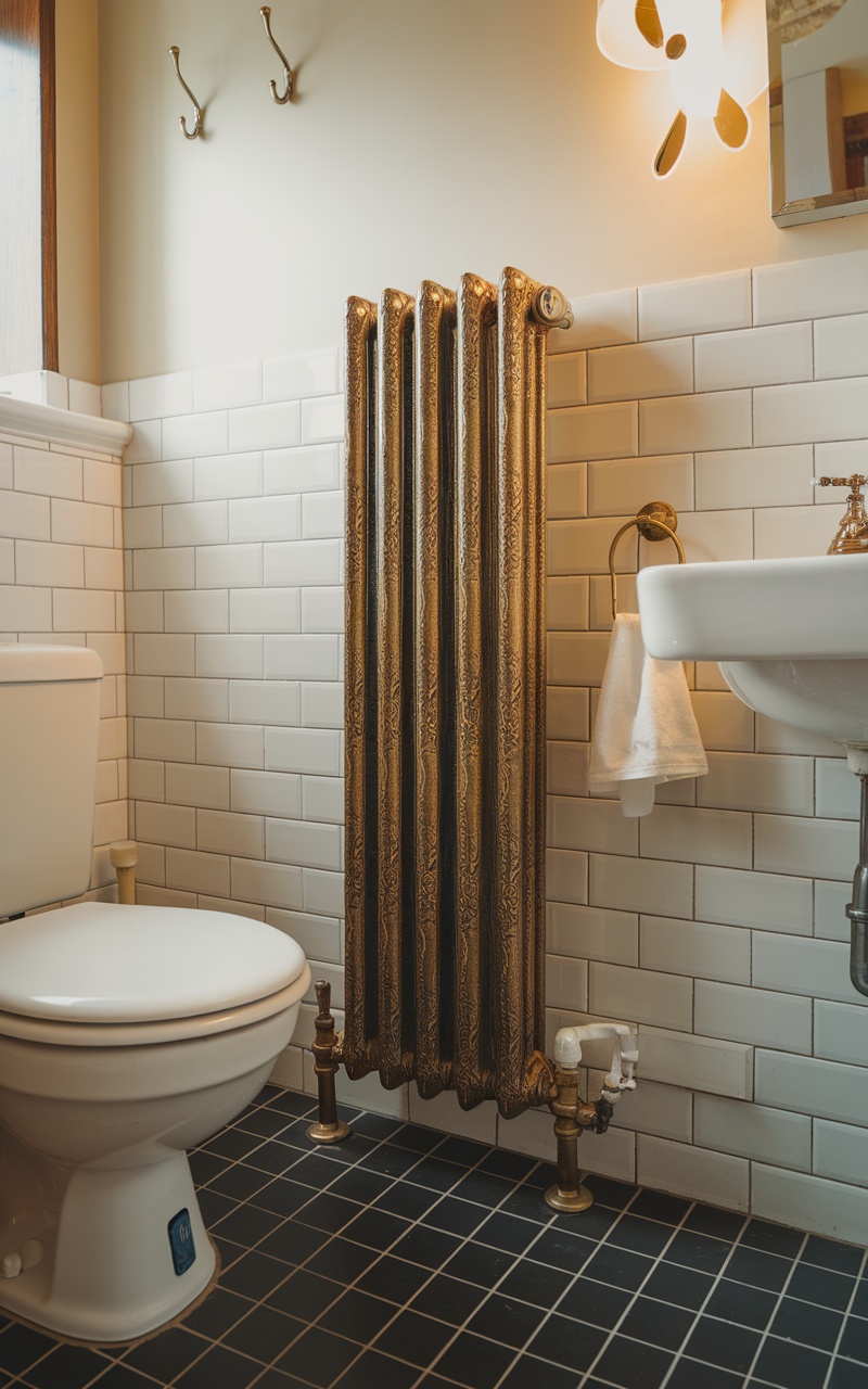 A stylish vertical radiator in a small bathroom setting, enhancing the decor.