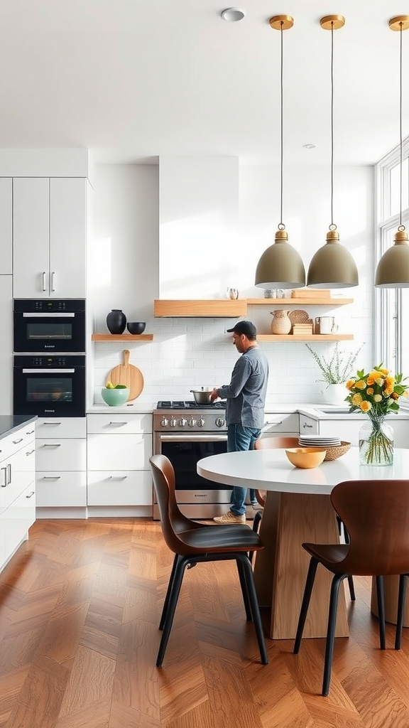 A modern kitchen featuring an integrated dining space with a person cooking.