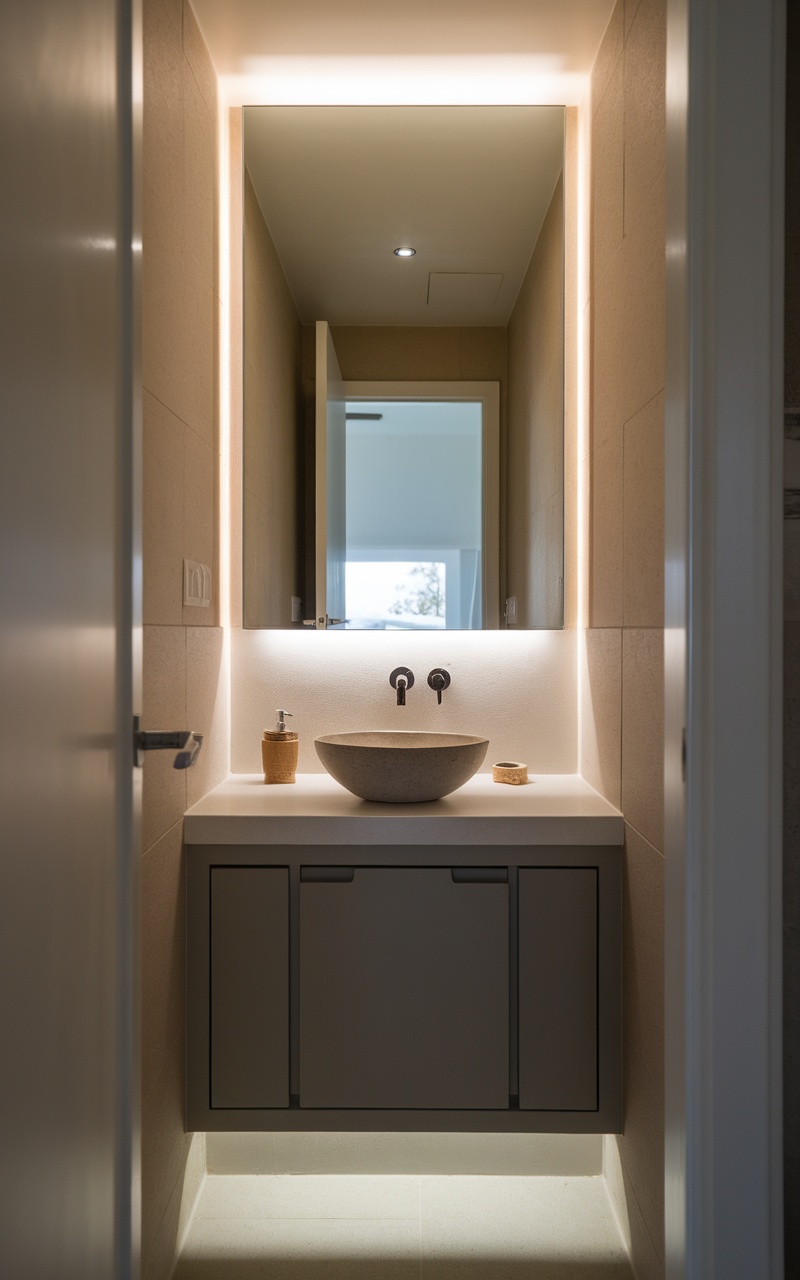 A sleek bathroom vanity with built-in lighting, featuring a round sink and a modern design.