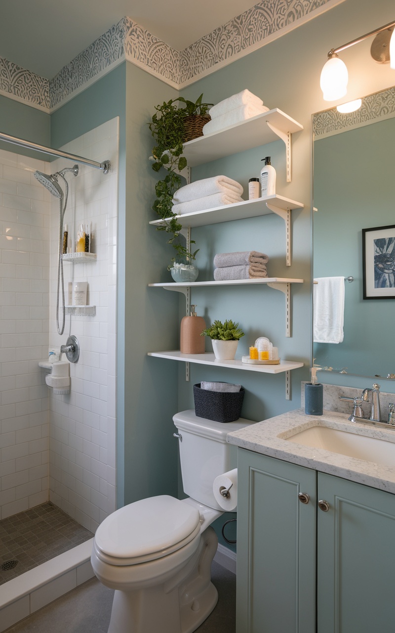 Small bathroom with open shelving and modern decor