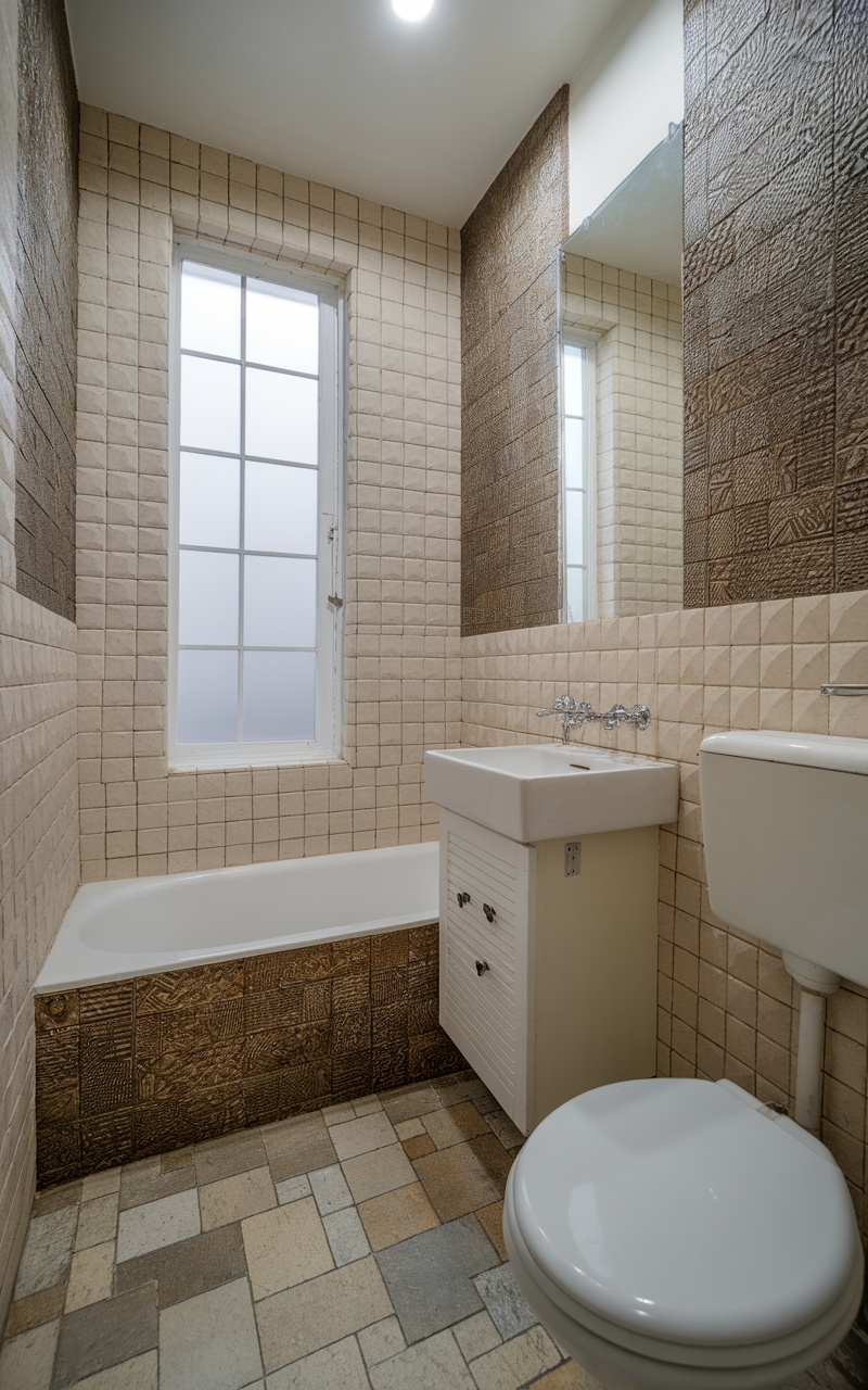 Small bathroom featuring textured tiles and a simple layout