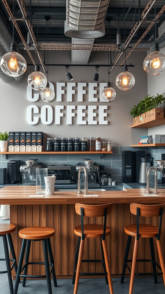 A stylish interactive coffee bar with wooden counter and seating, showcasing coffee products.