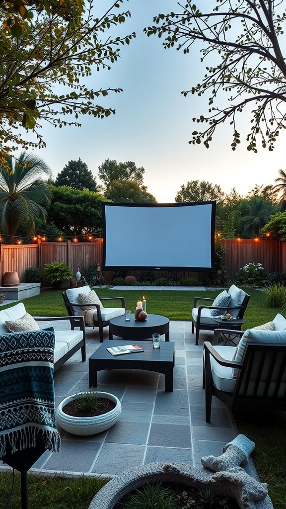 Outdoor movie setup with seating and a projection screen in a backyard