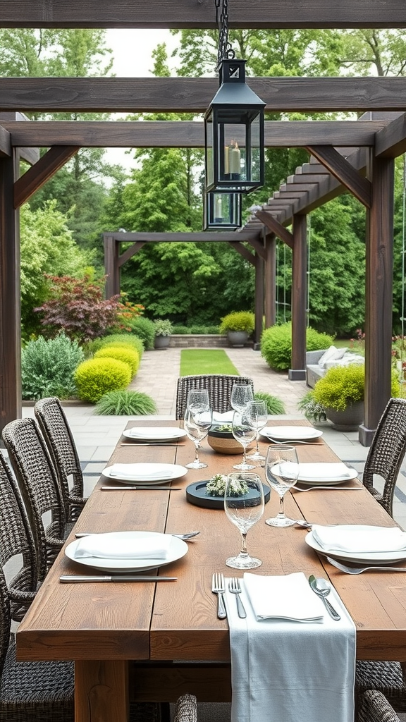 A beautifully set outdoor dining table under a wooden pergola surrounded by lush greenery.