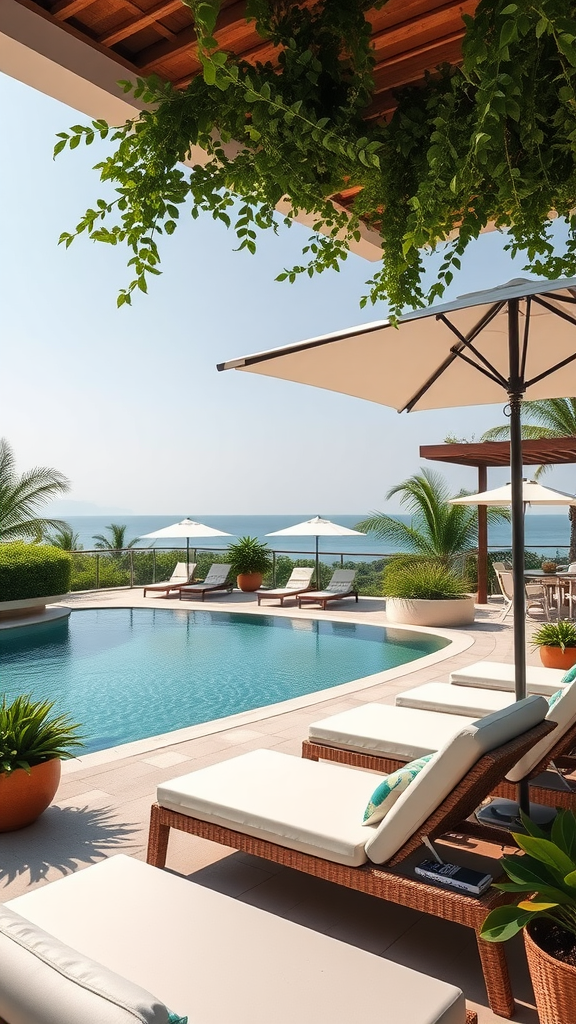 A beautiful poolside lounge area with loungers, umbrellas, and lush greenery.