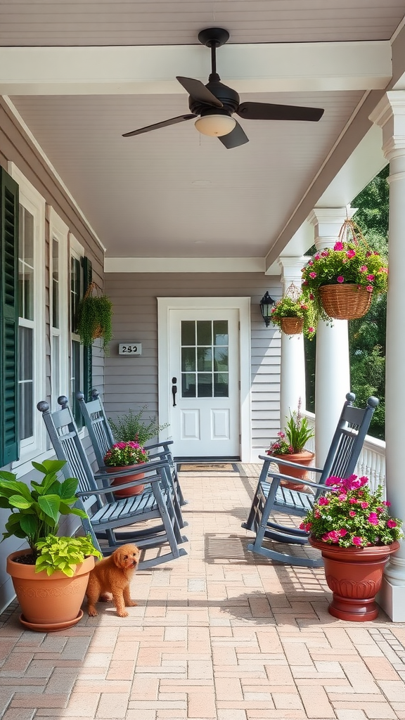 A cozy porch with rocking chairs, flower pots, and a friendly dog