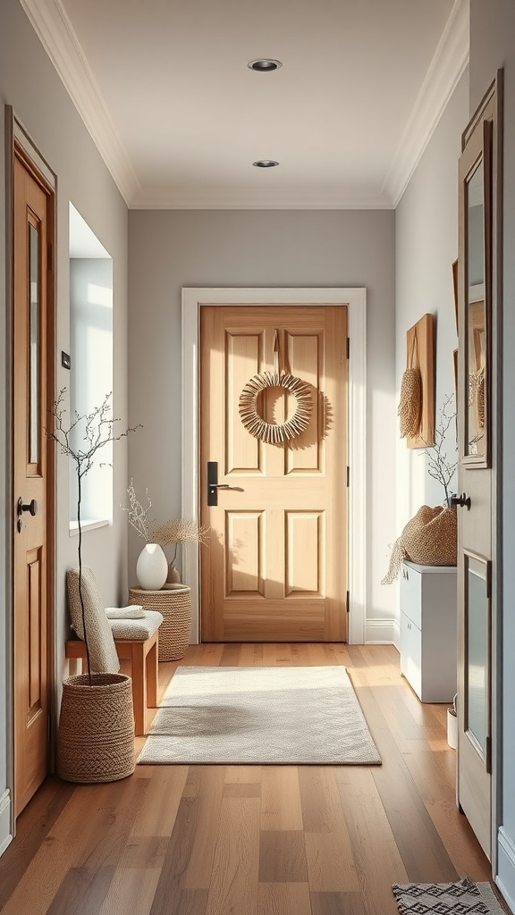 A bright and inviting Scandinavian-style entryway featuring wooden doors, a simple bench, and natural decor elements.