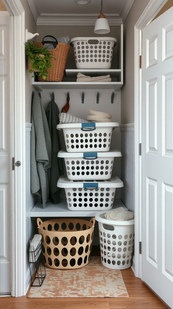 Organized laundry baskets in a mudroom with a cozy design