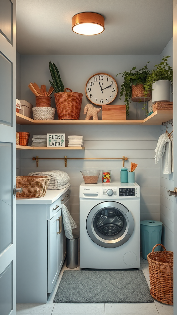 A cozy laundry room with light blue walls, wooden shelves, potted plants, and a washing machine.