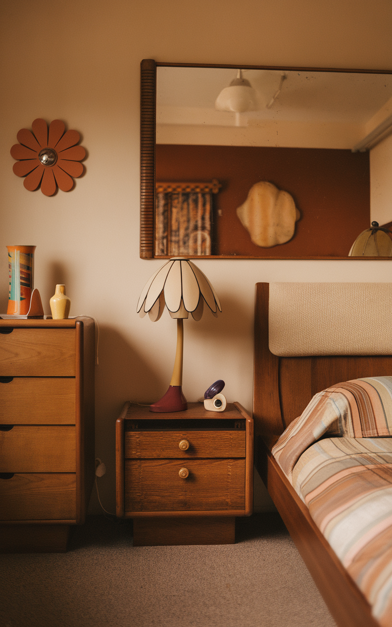 A retro-inspired bedroom featuring a lava lamp, vintage decor, and wooden furniture.