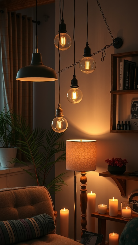 A cozy living room with layered lighting featuring pendant lights and candles.