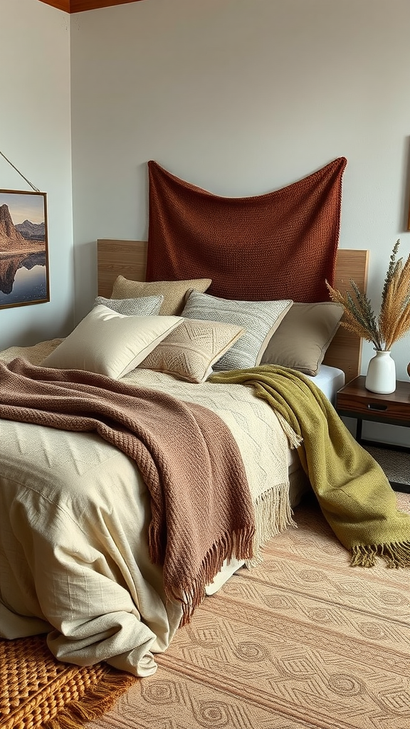 A cozy bed setup with layered textiles in warm tones, featuring pillows and blankets.