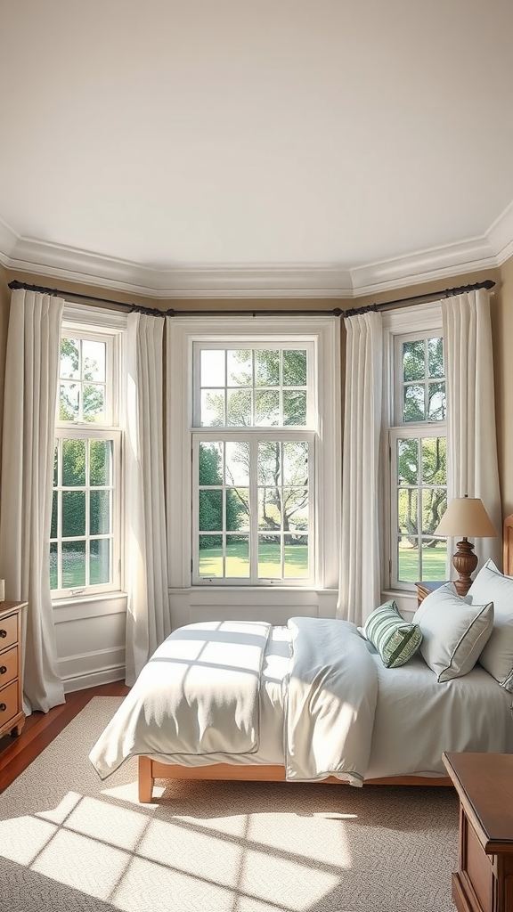 Light and airy bedroom with large windows and soft decor in a Cape Cod style