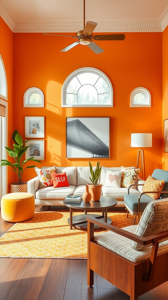 Bright tangerine living room with cozy furniture and natural light