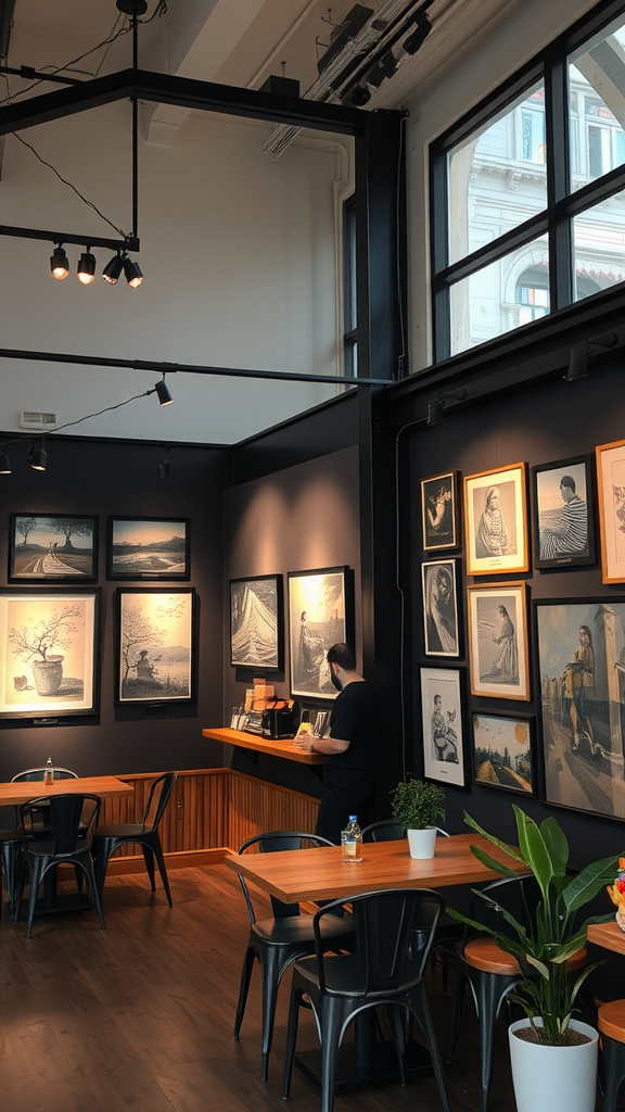 Interior of a small coffee shop showcasing local art on the walls, with tables and chairs arranged for customers.