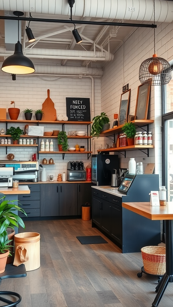 A cozy small coffee shop interior with plants and wooden shelves.