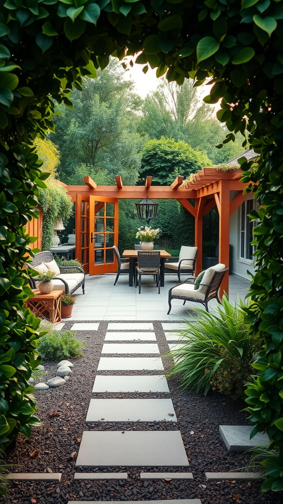 A beautifully designed outdoor patio with lush plant borders and a cozy seating area.