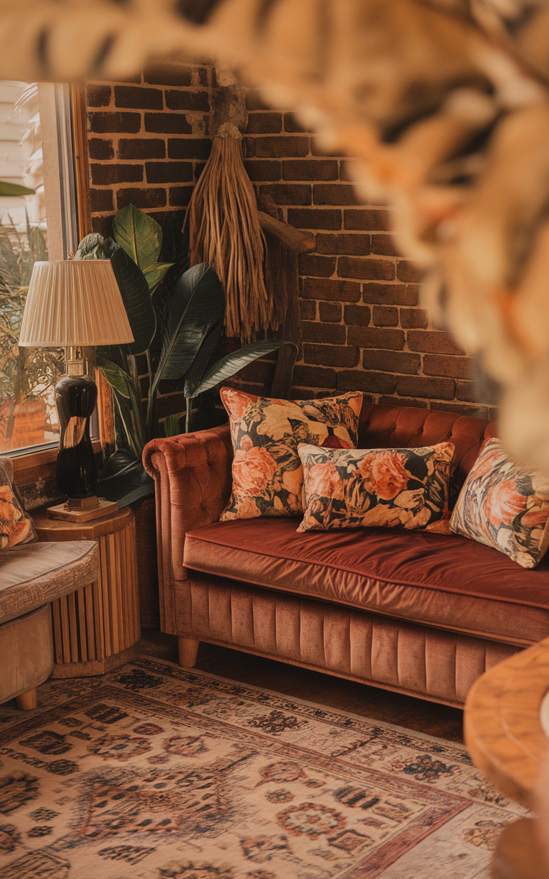 Cozy living room featuring 70s style sofa, floral pillows, and warm lighting.