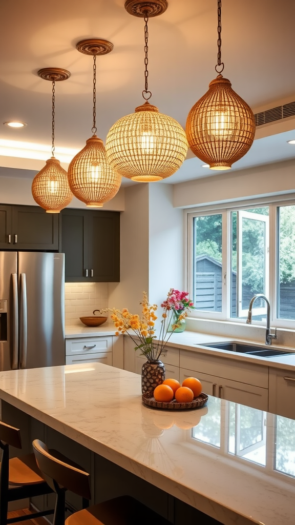 Stylish kitchen with hanging lighting fixtures and modern design.