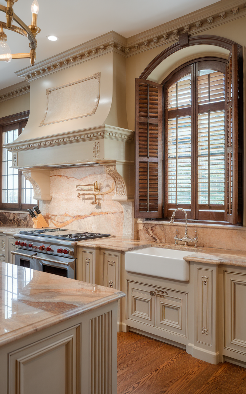 Luxurious kitchen featuring marble countertops and backsplash with elegant cabinetry and warm wood accents.