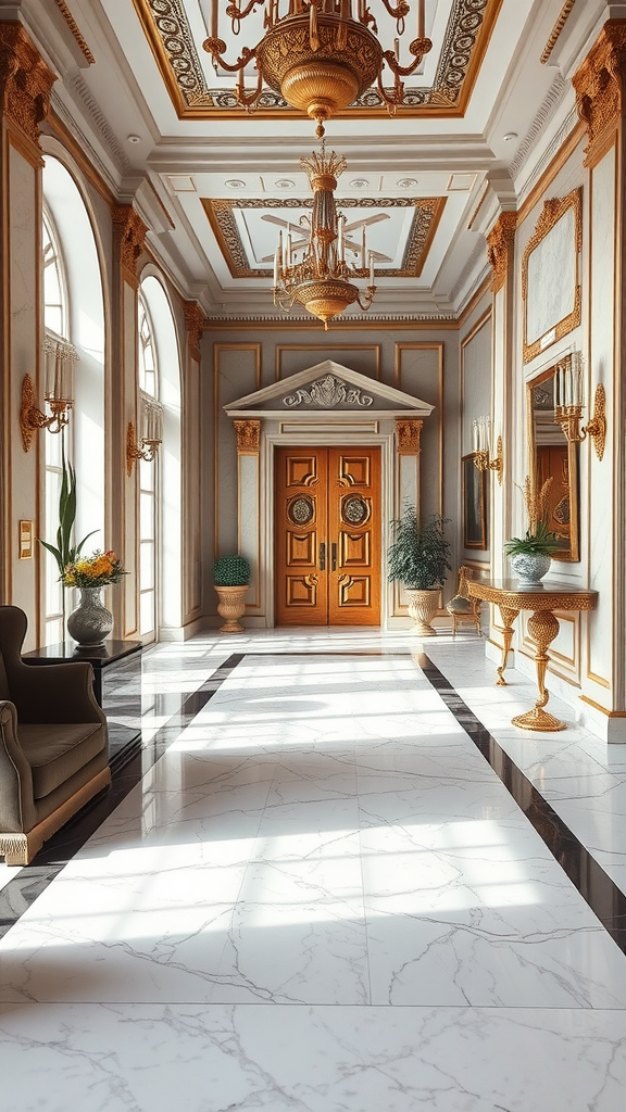 Luxurious marble flooring in an elegant entrance hall with decorative elements