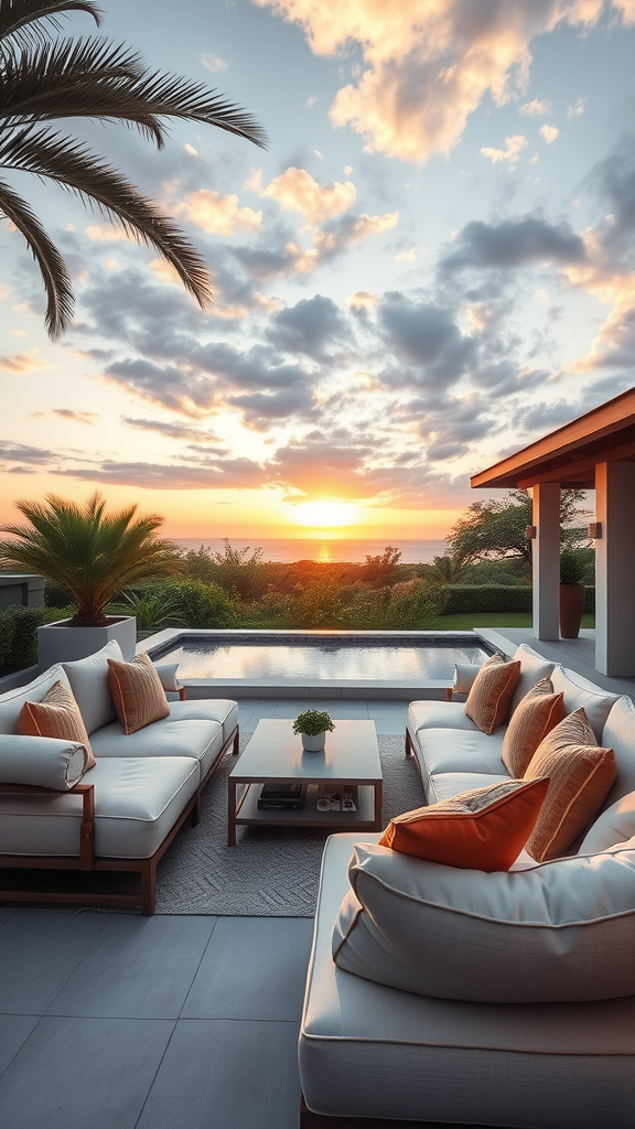 Luxurious outdoor lounge area with comfortable seating and a sunset view.