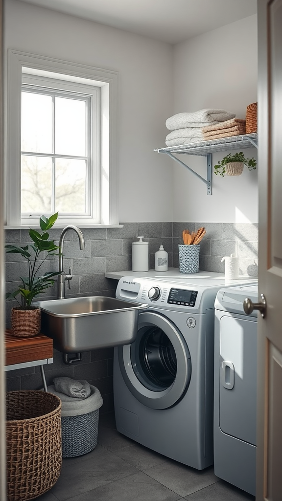 A small laundry room featuring a utility sink, washer, and organized shelving.