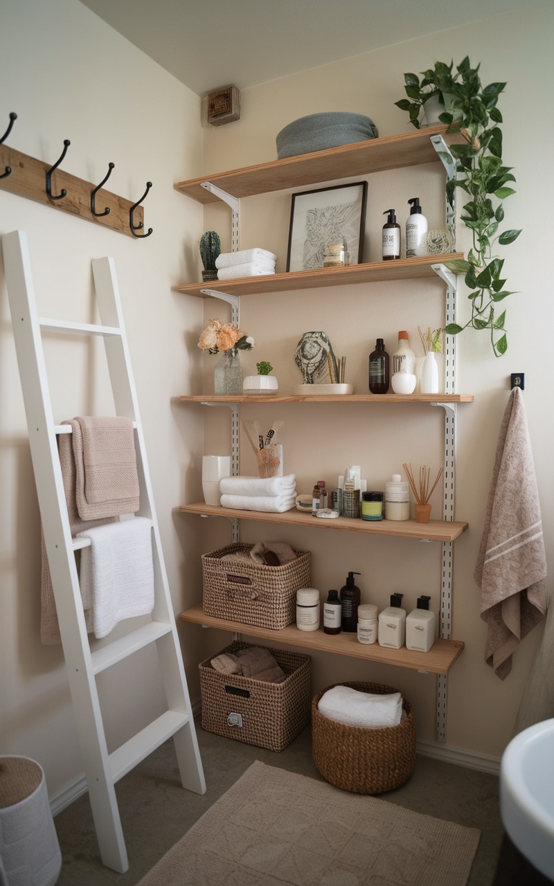 Stylish shelving in a small bathroom with towels, baskets, and decor.