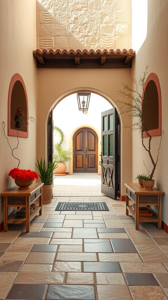 Mediterranean style entryway featuring earthy tones and wooden doors.