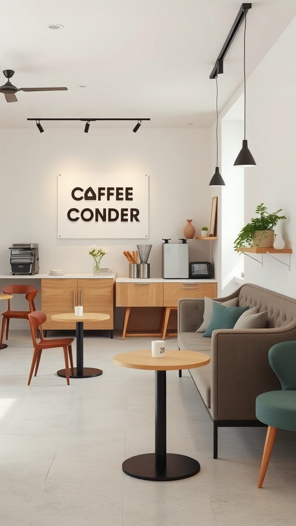 A minimalist coffee shop interior with wooden furniture and a clean design.