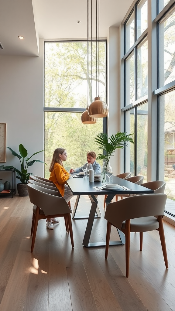 A modern farmhouse dining room featuring grey upholstered dining chairs around a sleek dining table, with large windows letting in natural light.