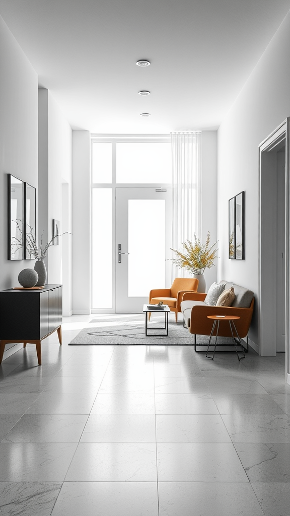 Minimalist entryway featuring clean lines, modern furniture, and bright lighting.