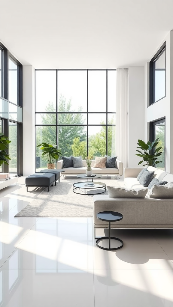 A bright and minimalist living room with large windows, modern furniture, and green plants.