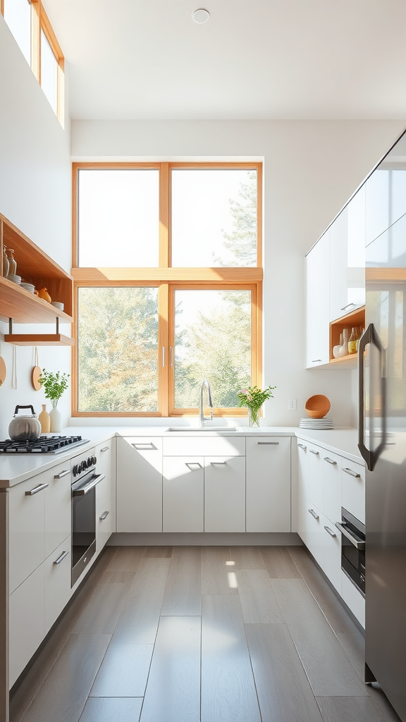 A minimalist kitchen featuring white cabinets and wooden accents, with large windows allowing natural light.