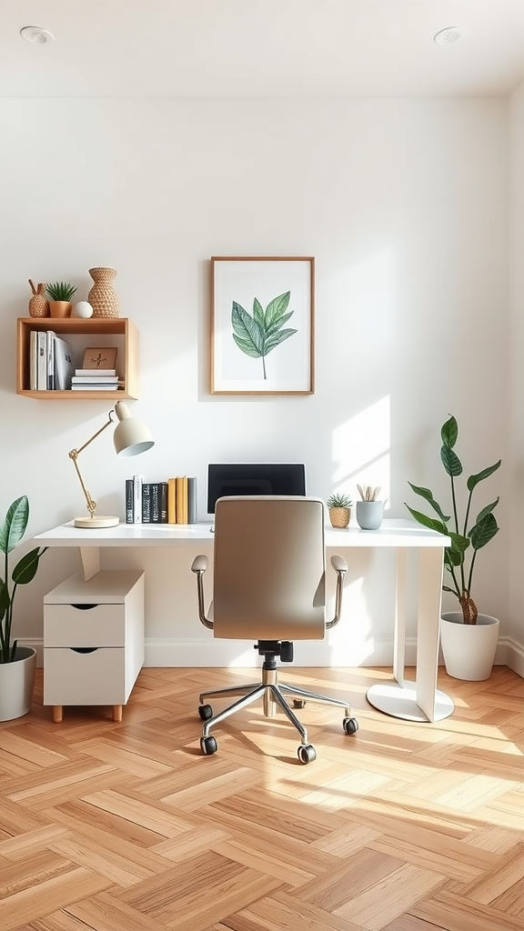 A bright, minimalist home office featuring a small study desk, a chair, and decorative plants.