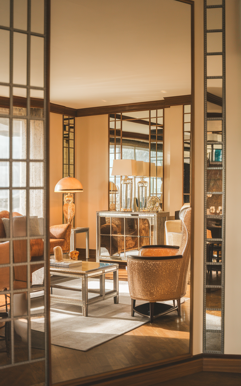 A beautifully decorated living room showcasing mirrored accents, warm tones, and retro decor.