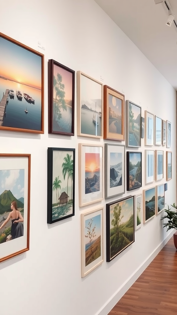 A collection of framed artworks featuring various landscapes and scenes on a wall.