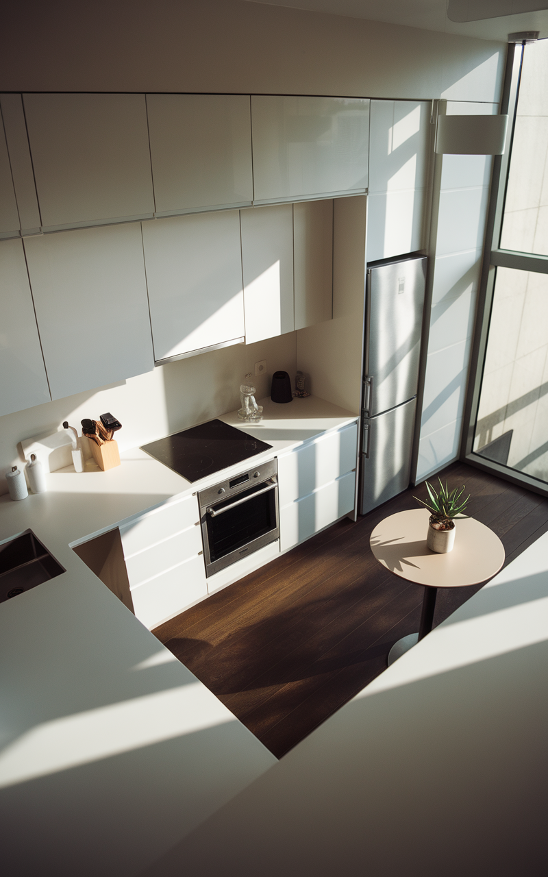 A modern minimalist kitchen featuring white cabinets and wood flooring.