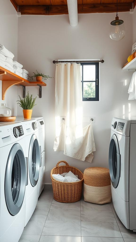 Bright and organized small laundry room with plants, shelves, and modern appliances