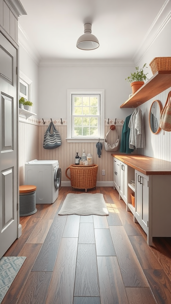 A bright and organized Mud Room Laundry Room Combo with wooden flooring, a washing machine, and storage.