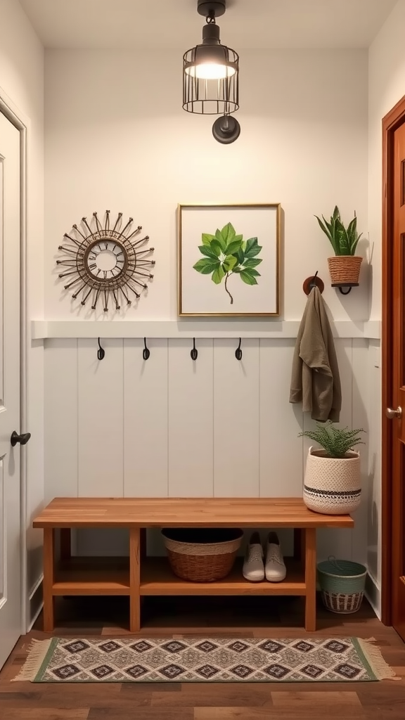 A stylish mud room with wall decor, hooks, and a bench.