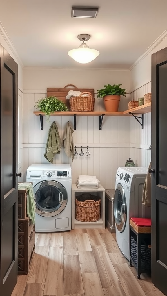 A cozy mudroom laundry room with two washing machines, storage baskets, and a wooden shelf.