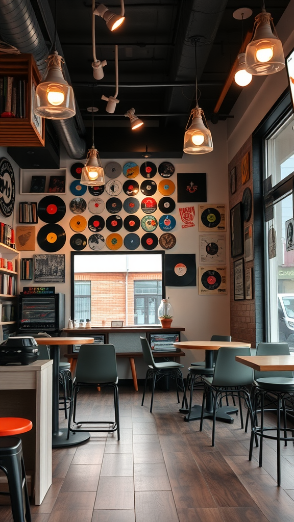 Interior of a small coffee shop with vinyl records on the wall and cozy seating.