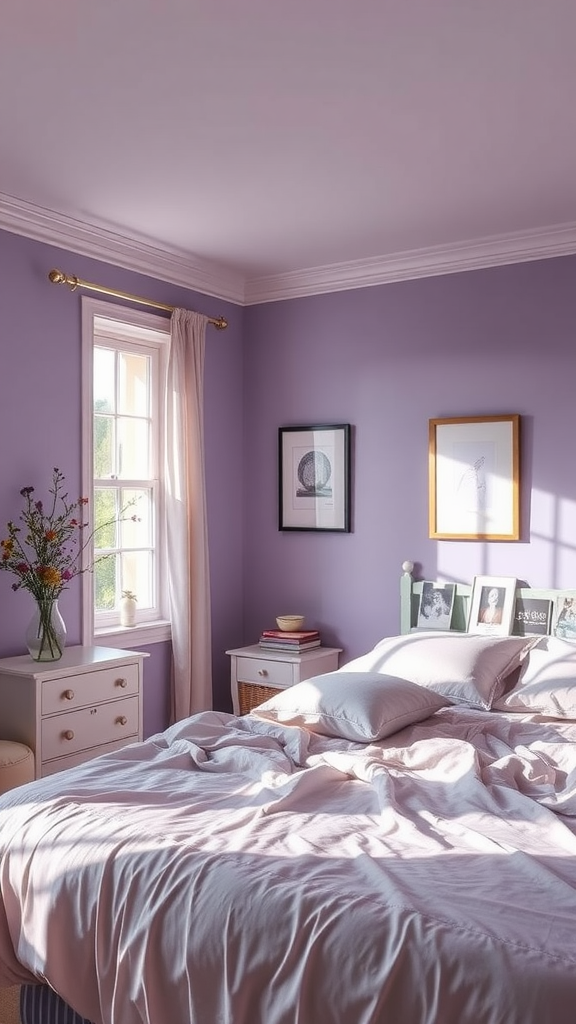 Cozy bedroom with muted lavender walls and soft furnishings