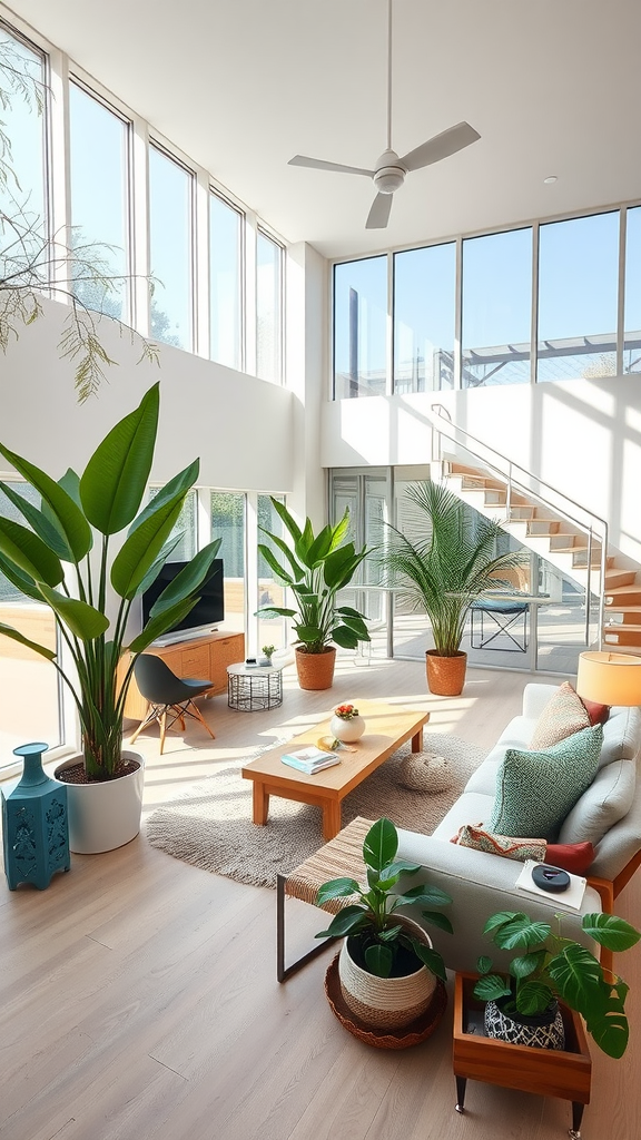 A bright and airy living room filled with plants and natural light, showcasing a Wabi Sabi design aesthetic.