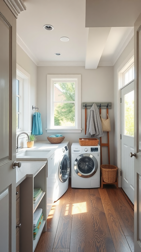 Bright and airy Mud Room Laundry Room Combo with large windows and natural light.