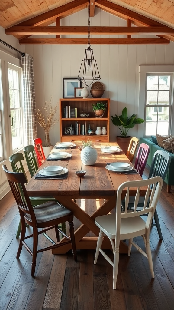 A cozy dining area featuring a wooden table with colorful chairs, showcasing Wabi Sabi Design.