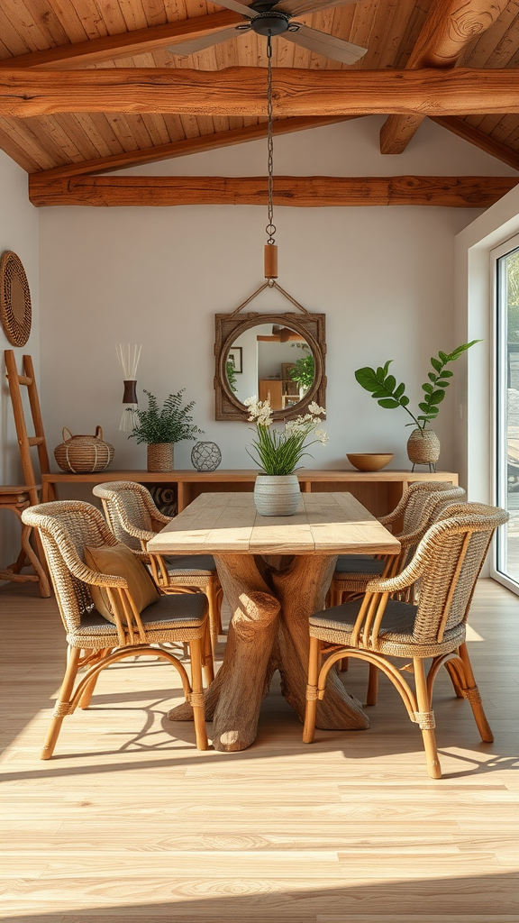 A cozy living room featuring natural wood accents, a wooden table, and stylish chairs.